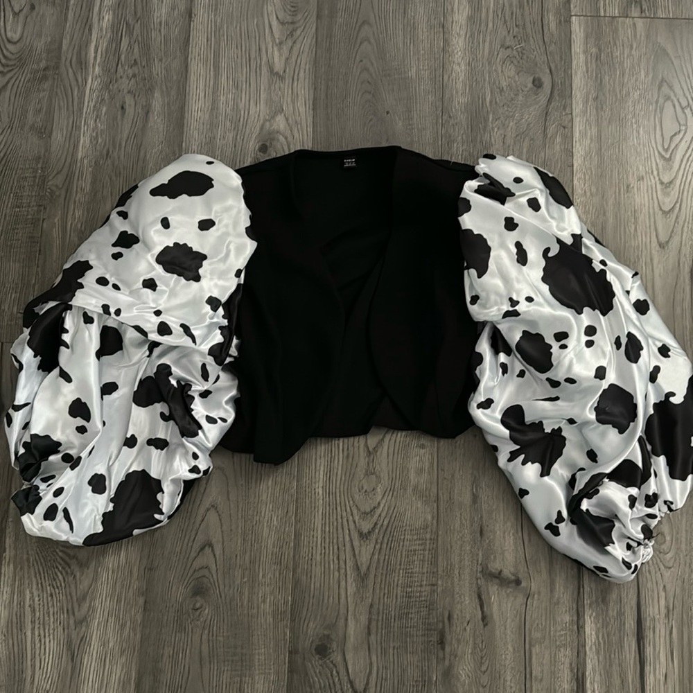 SHEIN crop jacket with custom cow print sleeves added